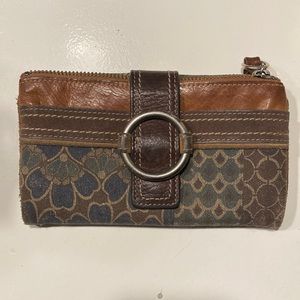Vtg Fossil Wallet cognac leather with peacock floral fabric